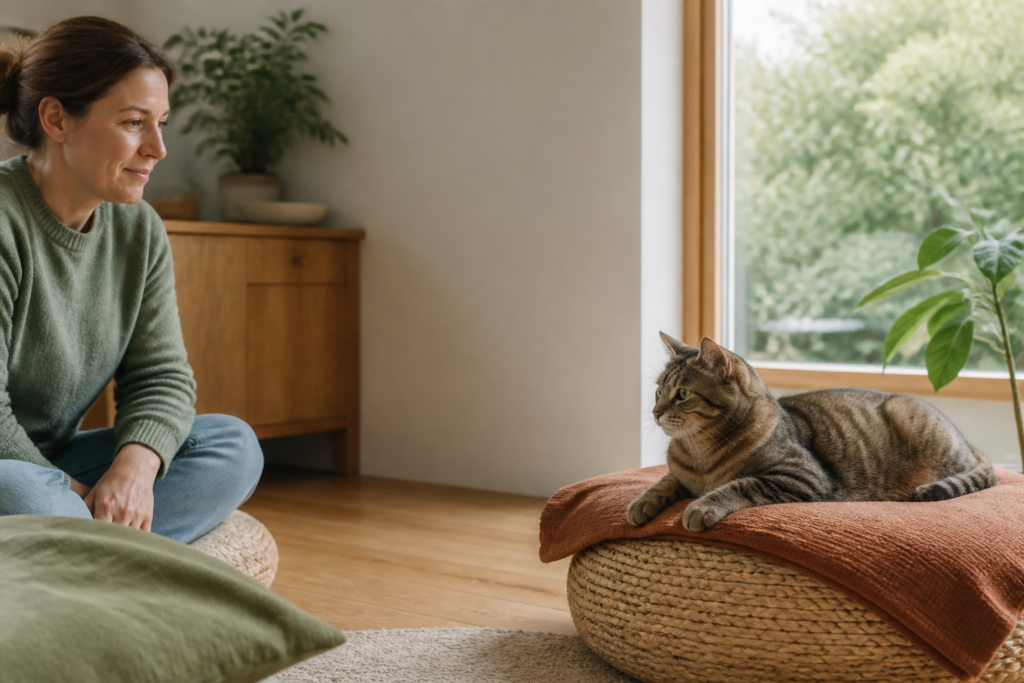 Kat en begeleider in een rustige huiselijke omgeving