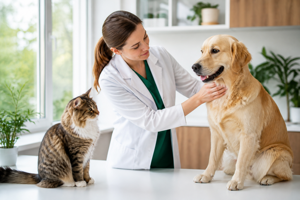 Dierenarts die de gezondheid van een hond zorgvuldig onderzoekt