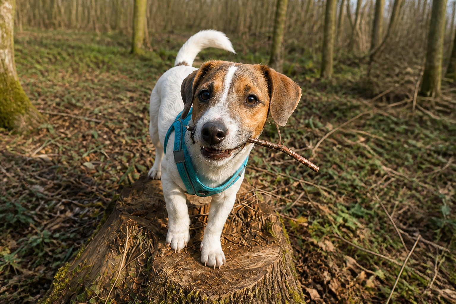 Therapiehond Kai met turquoise tuigje in het bos