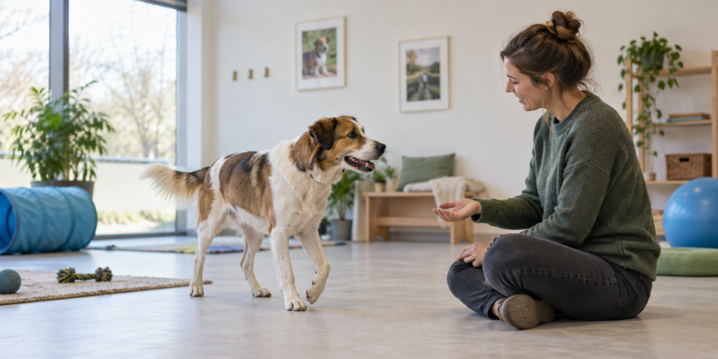 Hond tijdens een rustige gedragsbeoordeling voor therapiedierwerk