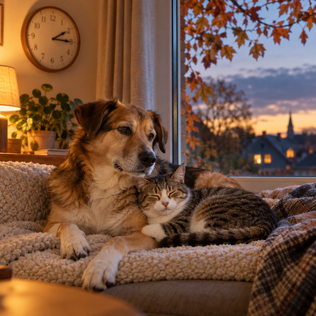 Hond en kat rusten samen bij een raam tijdens de overgang naar het winteruur